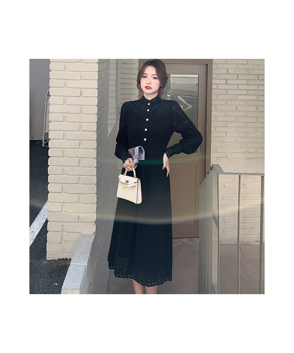 Female Black Lace Hook Flower Hollow Midi Dress Autumn Long Sleeve Ruffled Collar Chic Dress 2023 Korean Vintage Hepburn $58....