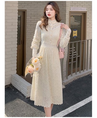 Female Black Lace Hook Flower Hollow Midi Dress Autumn Long Sleeve Ruffled Collar Chic Dress 2023 Korean Vintage Hepburn $58....