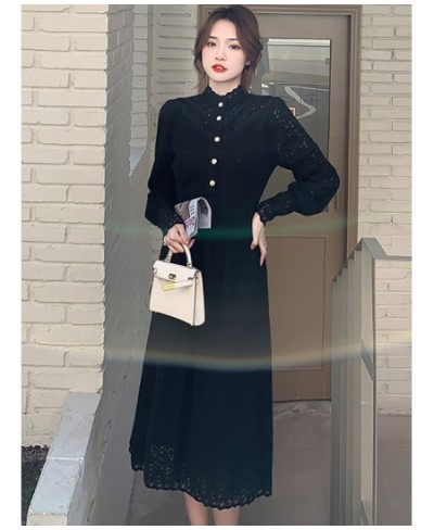 Female Black Lace Hook Flower Hollow Midi Dress Autumn Long Sleeve Ruffled Collar Chic Dress 2023 Korean Vintage Hepburn $58....