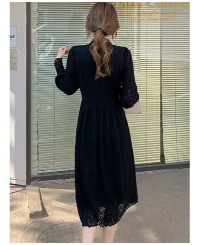 Female Black Lace Hook Flower Hollow Midi Dress Autumn Long Sleeve Ruffled Collar Chic Dress 2023 Korean Vintage Hepburn $58....