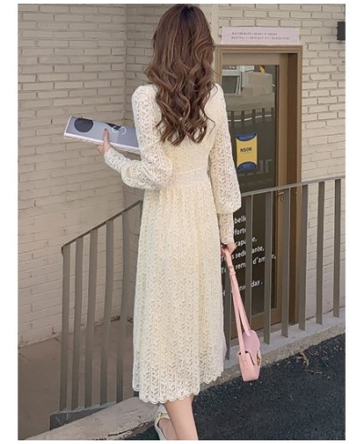 Female Black Lace Hook Flower Hollow Midi Dress Autumn Long Sleeve Ruffled Collar Chic Dress 2023 Korean Vintage Hepburn $58....