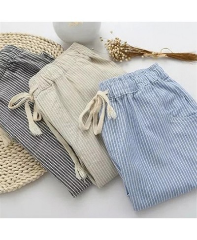 Cotton Linen Women Casual Pants 2023 Fashion Loose Long Pants Elastic Waist Straight Striped Trousers Pantalon $23.13 - Jeans