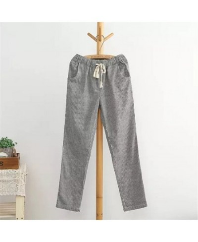 Cotton Linen Women Casual Pants 2023 Fashion Loose Long Pants Elastic Waist Straight Striped Trousers Pantalon $23.13 - Jeans