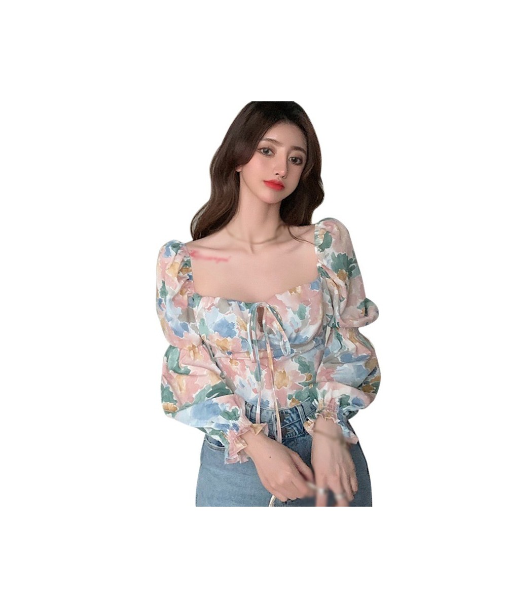 Blouse For Women Flare Sleeve Oil Painting Printing Shirt Sexy Lace Up Square Neck Short Shirts Full Chic Fashion Blusas Tops...