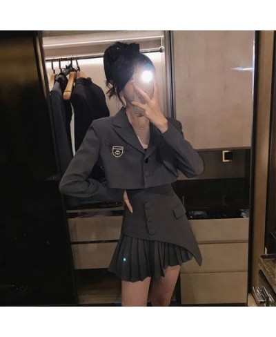 Suits with Skirts Irregular Patchwork Pleated Gothic Streetwear Short Blazer Elegant Sets Harajuku Y2k Set Woman 2 Pieces $76...