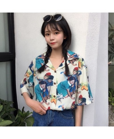 Cartoon Print Casual Blouse Clothing 2023 Loose Button Shirt Turn-down Collar Female Short Sleeve Blouse XZ515 $32.43 - Blous...