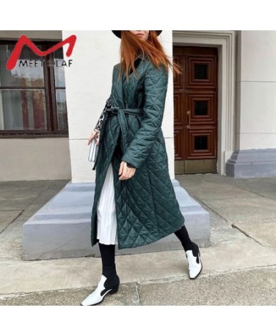 Long straight with rhombus pattern winter coat women Casual sashes parkas Deep pockets tailored collar stylish outerwear $58....