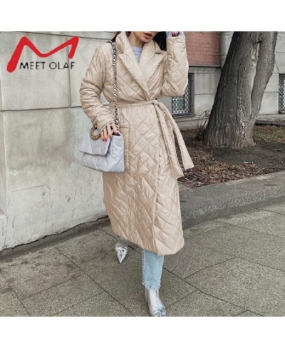 Long straight with rhombus pattern winter coat women Casual sashes parkas Deep pockets tailored collar stylish outerwear $58....