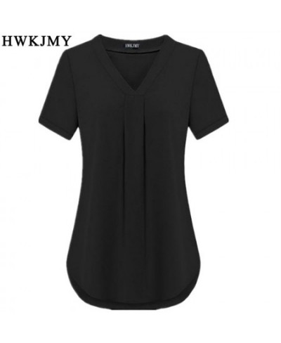 Summer Women's Clothing Casua Sexy V-neck Short Sleeve Shirt Solid Color Loose Pleated Chiffon T-shirt Tops Ladies Tee S-6XL ...