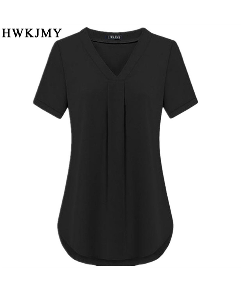 Summer Women's Clothing Casua Sexy V-neck Short Sleeve Shirt Solid Color Loose Pleated Chiffon T-shirt Tops Ladies Tee S-6XL ...