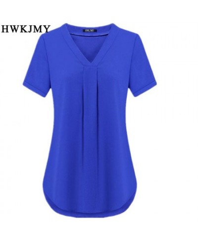 Summer Women's Clothing Casua Sexy V-neck Short Sleeve Shirt Solid Color Loose Pleated Chiffon T-shirt Tops Ladies Tee S-6XL ...