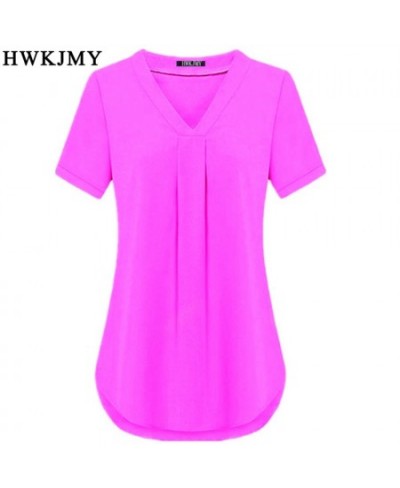 Summer Women's Clothing Casua Sexy V-neck Short Sleeve Shirt Solid Color Loose Pleated Chiffon T-shirt Tops Ladies Tee S-6XL ...