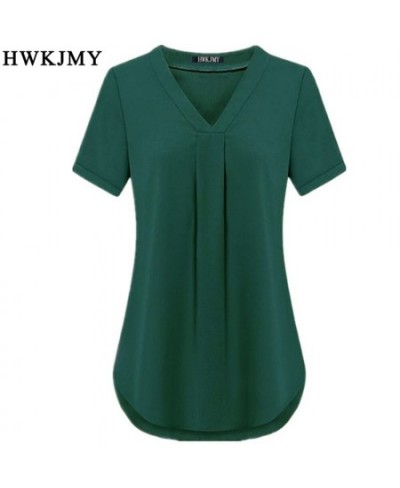 Summer Women's Clothing Casua Sexy V-neck Short Sleeve Shirt Solid Color Loose Pleated Chiffon T-shirt Tops Ladies Tee S-6XL ...