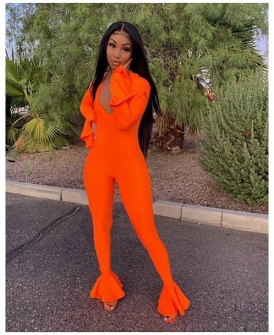 2023 Autumn Fashion Neon Womens Sexy V-Neck Jumpsuit Ruffles Long Sleeve Rompers Bodycon Long Pants Trousers Jumpsiut Female ...