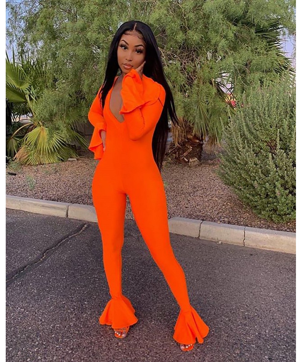 2023 Autumn Fashion Neon Womens Sexy V-Neck Jumpsuit Ruffles Long Sleeve Rompers Bodycon Long Pants Trousers Jumpsiut Female ...