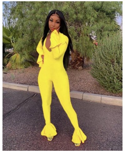 2023 Autumn Fashion Neon Womens Sexy V-Neck Jumpsuit Ruffles Long Sleeve Rompers Bodycon Long Pants Trousers Jumpsiut Female ...