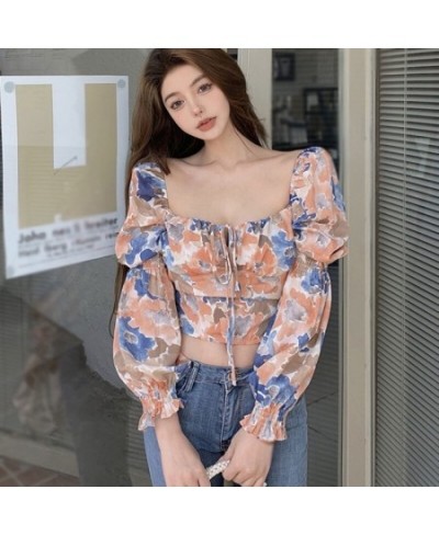 Blouse For Women Flare Sleeve Oil Painting Printing Shirt Sexy Lace Up Square Neck Short Shirts Full Chic Fashion Blusas Tops...