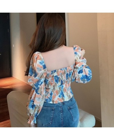 Blouse For Women Flare Sleeve Oil Painting Printing Shirt Sexy Lace Up Square Neck Short Shirts Full Chic Fashion Blusas Tops...