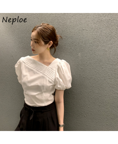 Neploe Korean Chic Blouse Women 2023 Summer Elegant Temperament Blusa Pleated Design Puff Sleeve Simple Casual Solid Color $3...