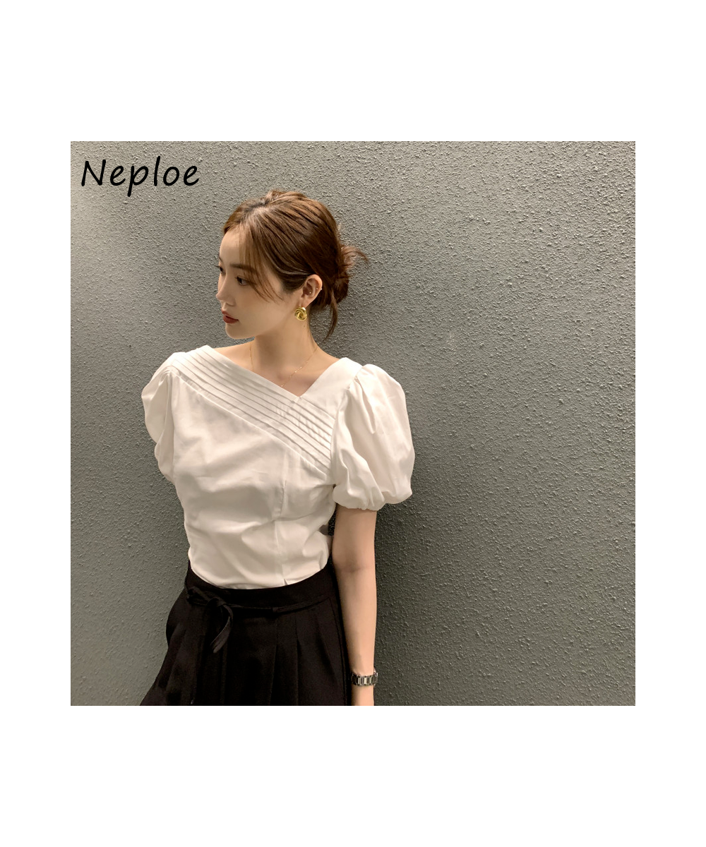 Neploe Korean Chic Blouse Women 2023 Summer Elegant Temperament Blusa Pleated Design Puff Sleeve Simple Casual Solid Color $3...