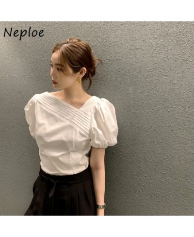 Neploe Korean Chic Blouse Women 2023 Summer Elegant Temperament Blusa Pleated Design Puff Sleeve Simple Casual Solid Color $3...