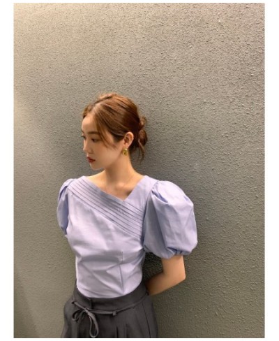 Neploe Korean Chic Blouse Women 2023 Summer Elegant Temperament Blusa Pleated Design Puff Sleeve Simple Casual Solid Color $3...