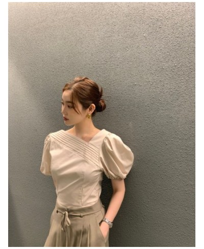 Neploe Korean Chic Blouse Women 2023 Summer Elegant Temperament Blusa Pleated Design Puff Sleeve Simple Casual Solid Color $3...