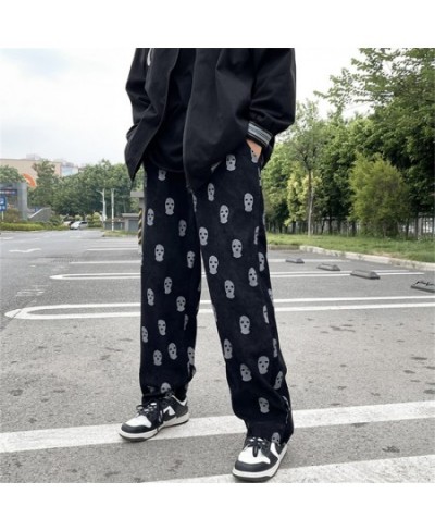 Skull Full Printed Drawstring Casual Corduroy Womens Pink Baggy Cargo Pants Hip Hop Straight Sweatpants Trousers Pantalon Hom...