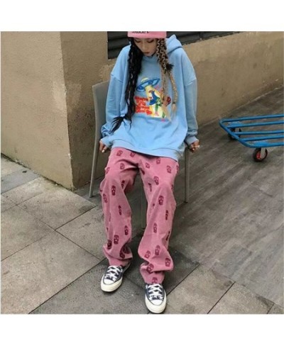 Skull Full Printed Drawstring Casual Corduroy Womens Pink Baggy Cargo Pants Hip Hop Straight Sweatpants Trousers Pantalon Hom...