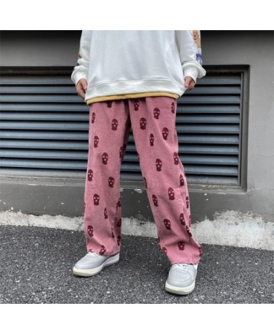 Skull Full Printed Drawstring Casual Corduroy Womens Pink Baggy Cargo Pants Hip Hop Straight Sweatpants Trousers Pantalon Hom...