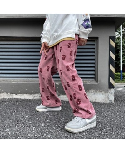 Skull Full Printed Drawstring Casual Corduroy Womens Pink Baggy Cargo Pants Hip Hop Straight Sweatpants Trousers Pantalon Hom...