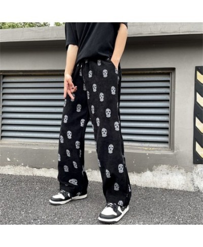 Skull Full Printed Drawstring Casual Corduroy Womens Pink Baggy Cargo Pants Hip Hop Straight Sweatpants Trousers Pantalon Hom...