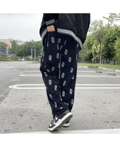 Skull Full Printed Drawstring Casual Corduroy Womens Pink Baggy Cargo Pants Hip Hop Straight Sweatpants Trousers Pantalon Hom...