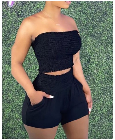 Two Pieces Sets Summer Sleeveless Bandeau Shirred Top & Pocket Design Shorts Women's Sexy Casual Outfits $35.62 - Suits & Sets