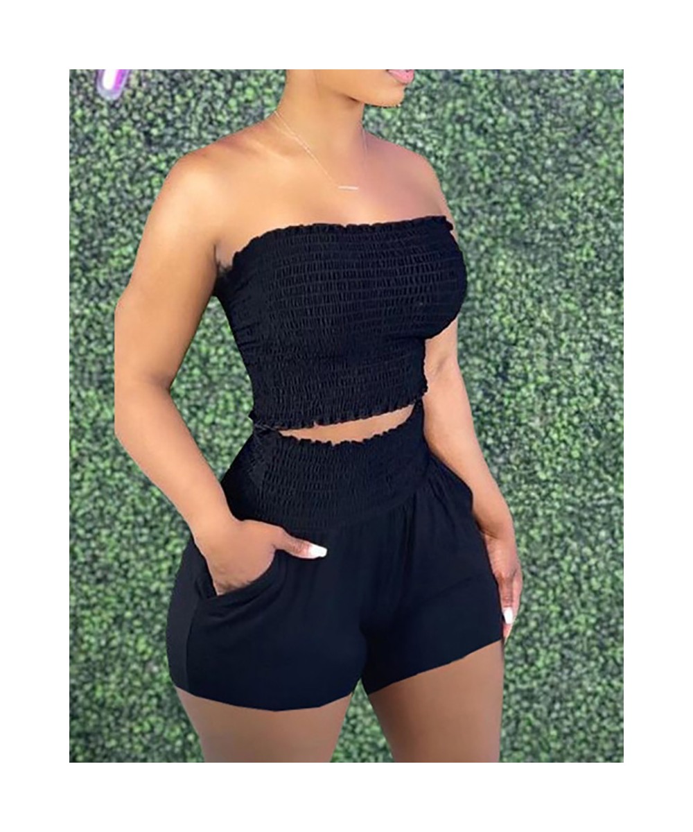 Two Pieces Sets Summer Sleeveless Bandeau Shirred Top & Pocket Design Shorts Women's Sexy Casual Outfits $35.62 - Suits & Sets