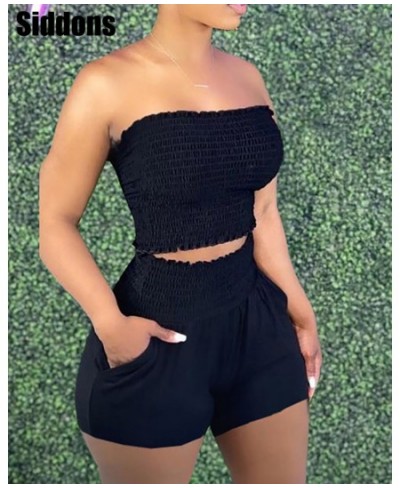 Two Pieces Sets Summer Sleeveless Bandeau Shirred Top & Pocket Design Shorts Women's Sexy Casual Outfits $35.62 - Suits & Sets