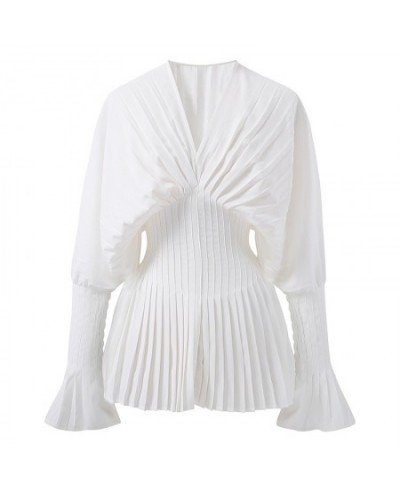 Women White Pleated Split High Waist Long Blouse New V-collar Long Sleeve Loose Fit Shirt Fashion Top Autumn 2022 $55.29 - Wo...