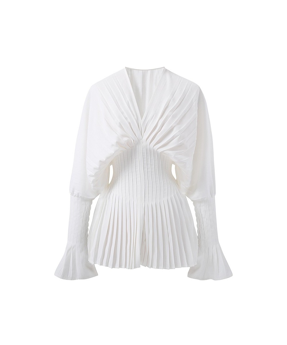 Women White Pleated Split High Waist Long Blouse New V-collar Long Sleeve Loose Fit Shirt Fashion Top Autumn 2022 $55.29 - Wo...