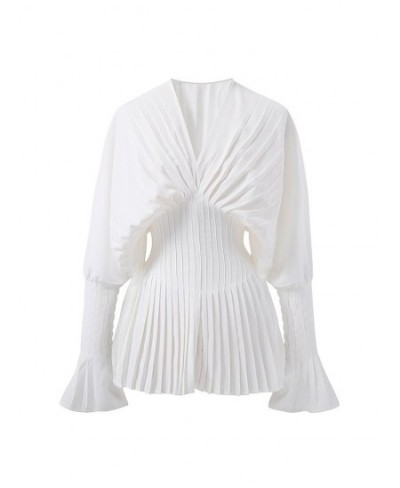 Women White Pleated Split High Waist Long Blouse New V-collar Long Sleeve Loose Fit Shirt Fashion Top Autumn 2022 $55.29 - Wo...