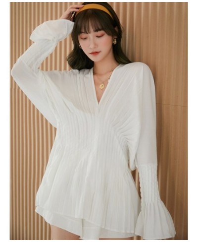 Women White Pleated Split High Waist Long Blouse New V-collar Long Sleeve Loose Fit Shirt Fashion Top Autumn 2022 $55.29 - Wo...