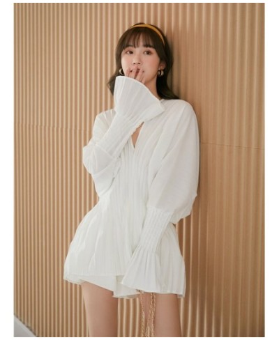 Women White Pleated Split High Waist Long Blouse New V-collar Long Sleeve Loose Fit Shirt Fashion Top Autumn 2022 $55.29 - Wo...