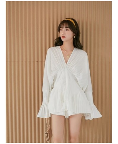 Women White Pleated Split High Waist Long Blouse New V-collar Long Sleeve Loose Fit Shirt Fashion Top Autumn 2022 $55.29 - Wo...