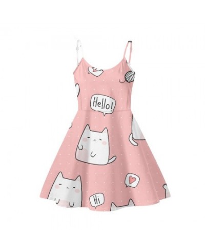 Cute Pink Cat Pattern Wedding Printed Casual Woman Slip Dresses Summer Sleeveless Sundress Strapless Party Dress Casual Wear ...