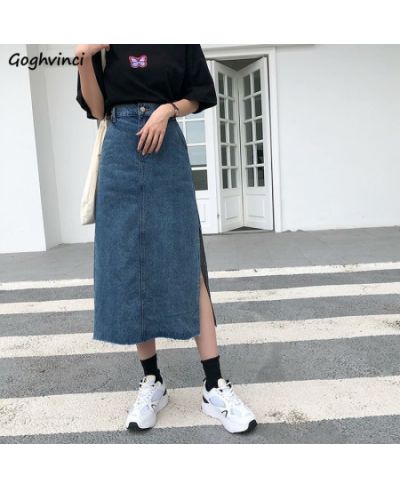 Side-slit Skirts Women Retro Blue Denim Slim Teenagers Korean Style Fashion High Quality Temperament Daily Females Midi Popul...