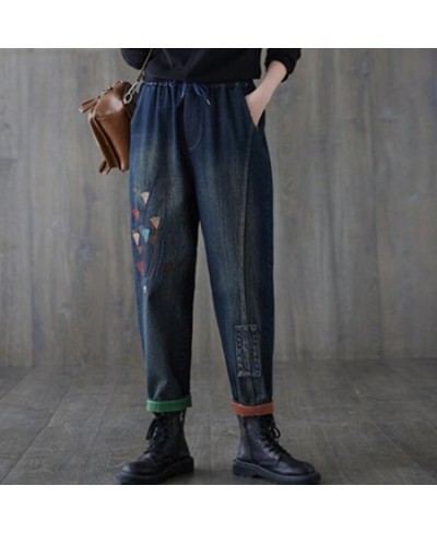 Cartoon Floral Embroidery Denim Capris Women Jeans Korean Casual High Waist Vintage Pockets Denim Pants Mom Harem Blue Jeans ...