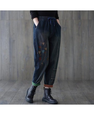 Cartoon Floral Embroidery Denim Capris Women Jeans Korean Casual High Waist Vintage Pockets Denim Pants Mom Harem Blue Jeans ...