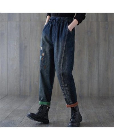 Cartoon Floral Embroidery Denim Capris Women Jeans Korean Casual High Waist Vintage Pockets Denim Pants Mom Harem Blue Jeans ...