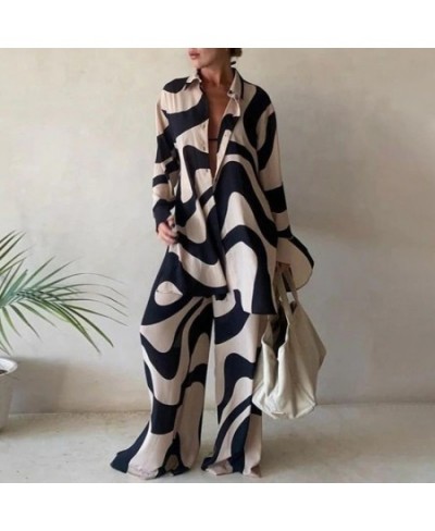 Casual Print Two Piece Suit Office Lady Suit Fashion Commuter Suit Women Loose Long Sleeve Shirt Straight Pant Sets Tracksuit...