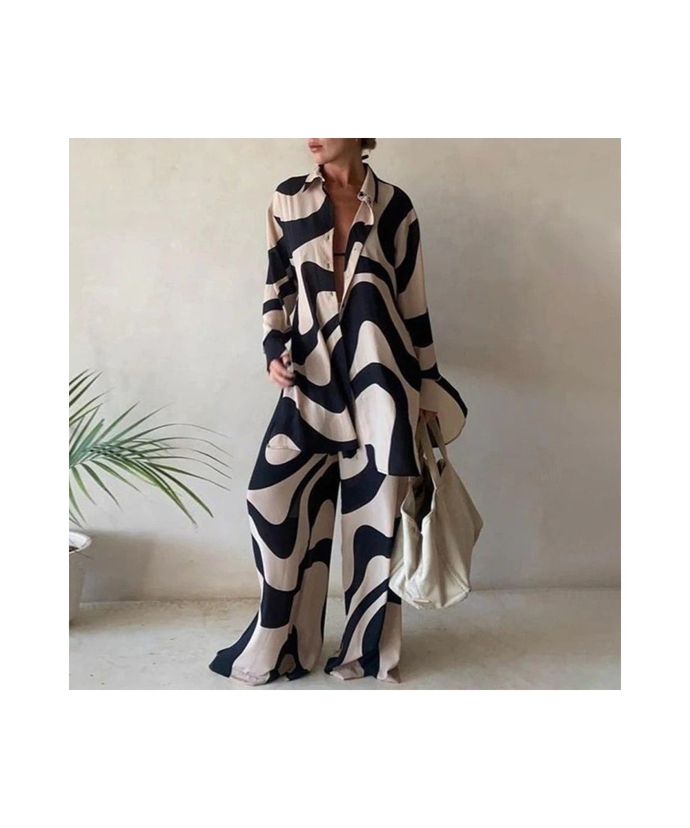 Casual Print Two Piece Suit Office Lady Suit Fashion Commuter Suit Women Loose Long Sleeve Shirt Straight Pant Sets Tracksuit...