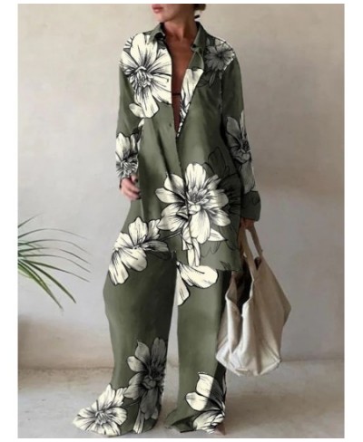 Casual Print Two Piece Suit Office Lady Suit Fashion Commuter Suit Women Loose Long Sleeve Shirt Straight Pant Sets Tracksuit...